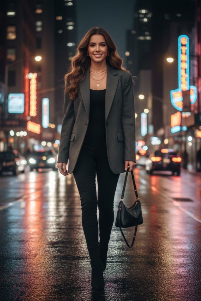 11. Black Leggings with Sock Boots and Blazer