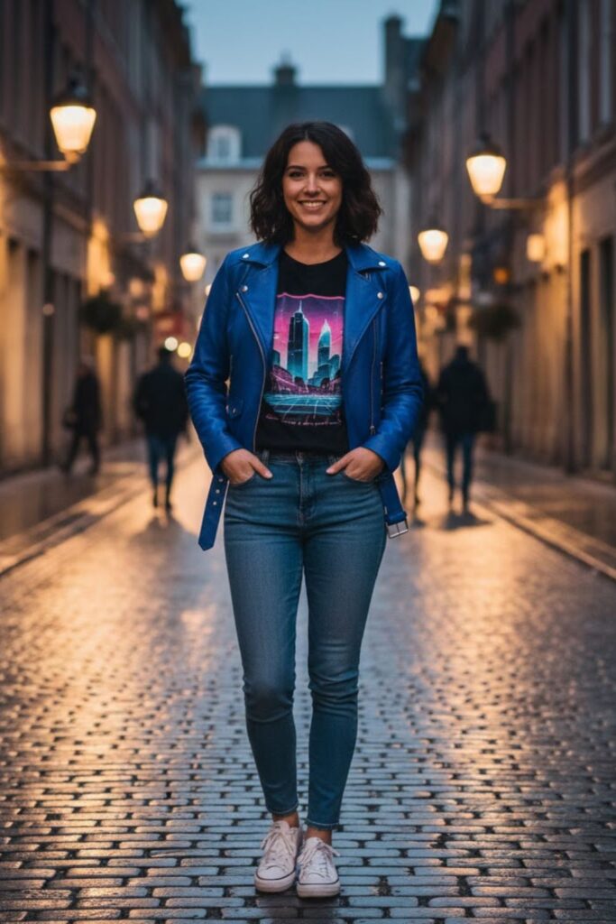 11. Blue Leather Jacket Outfit with Printed Tee and Denim