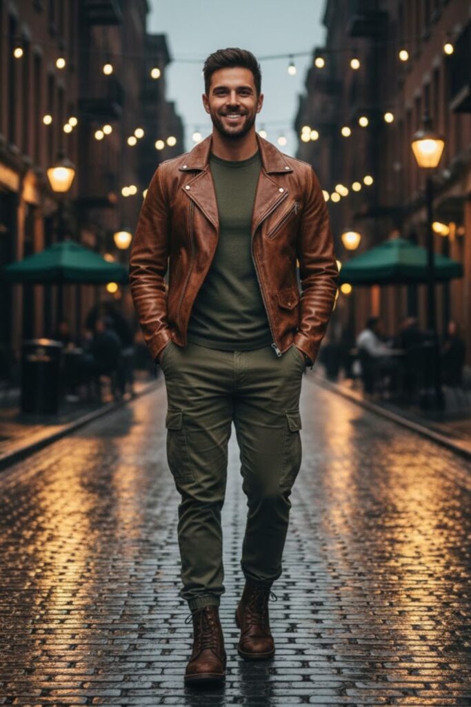 11. Brown Leather Jacket with Cargo Pants