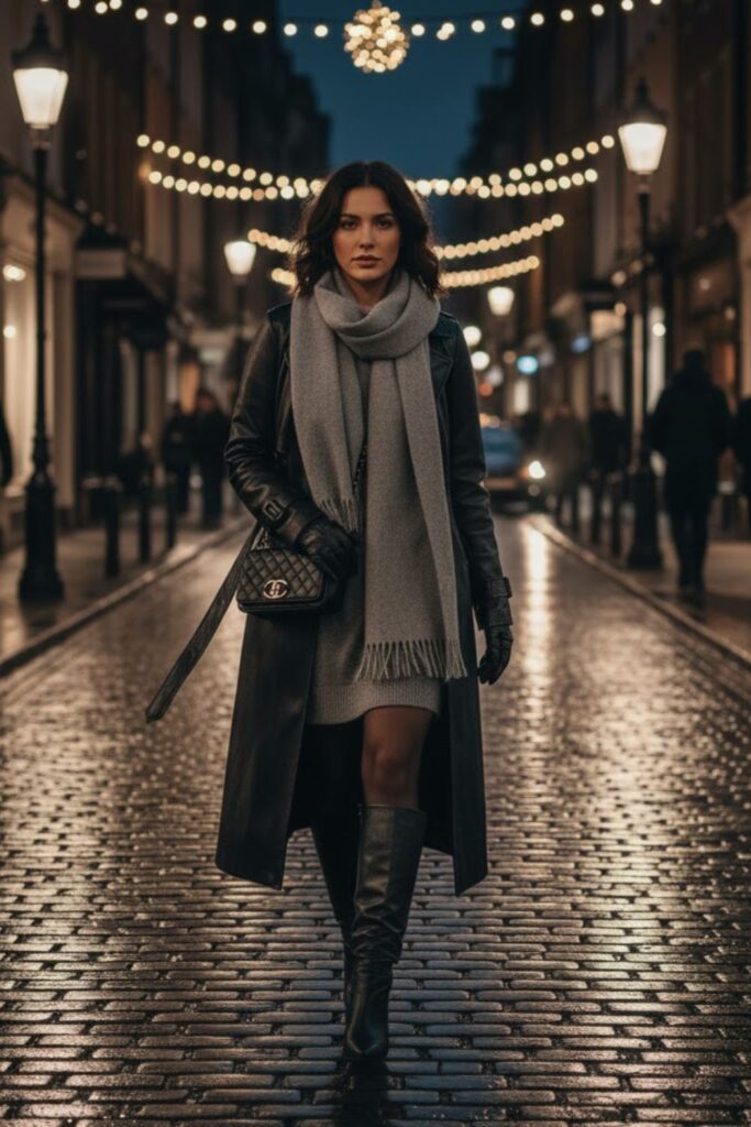 15. Long leather coat outfit with scarf and gloves