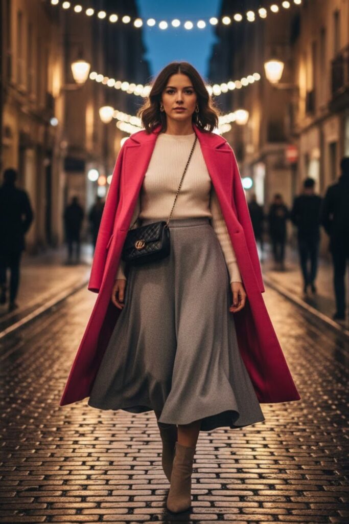 7. Pink long coat outfit with midi skirt and knit top