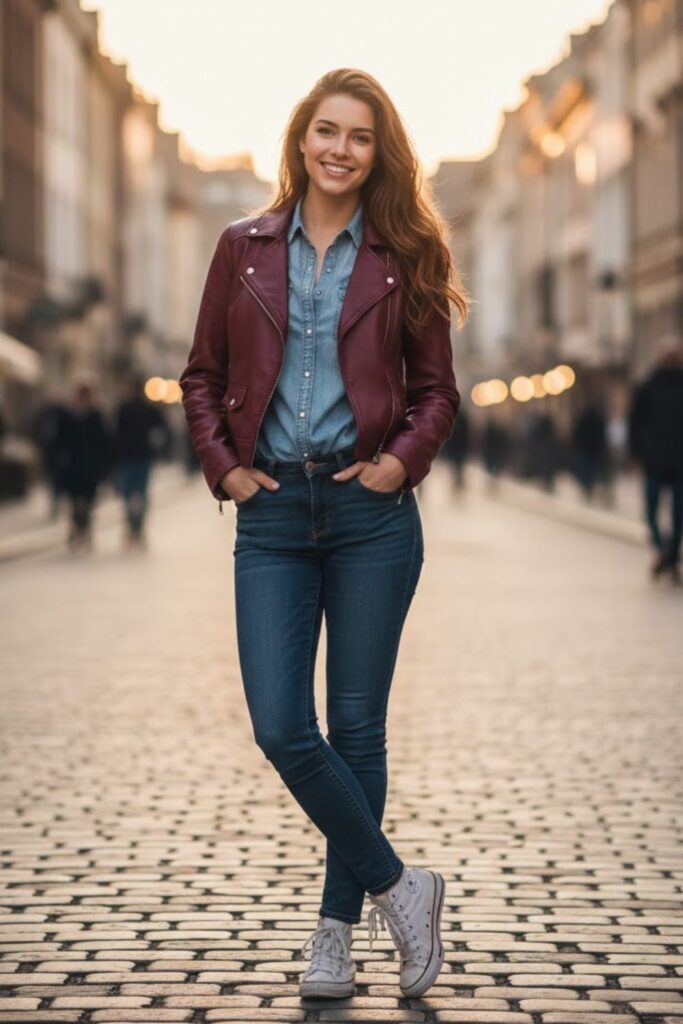 11. Burgundy Leather Jacket Outfit with Denim Shirt
