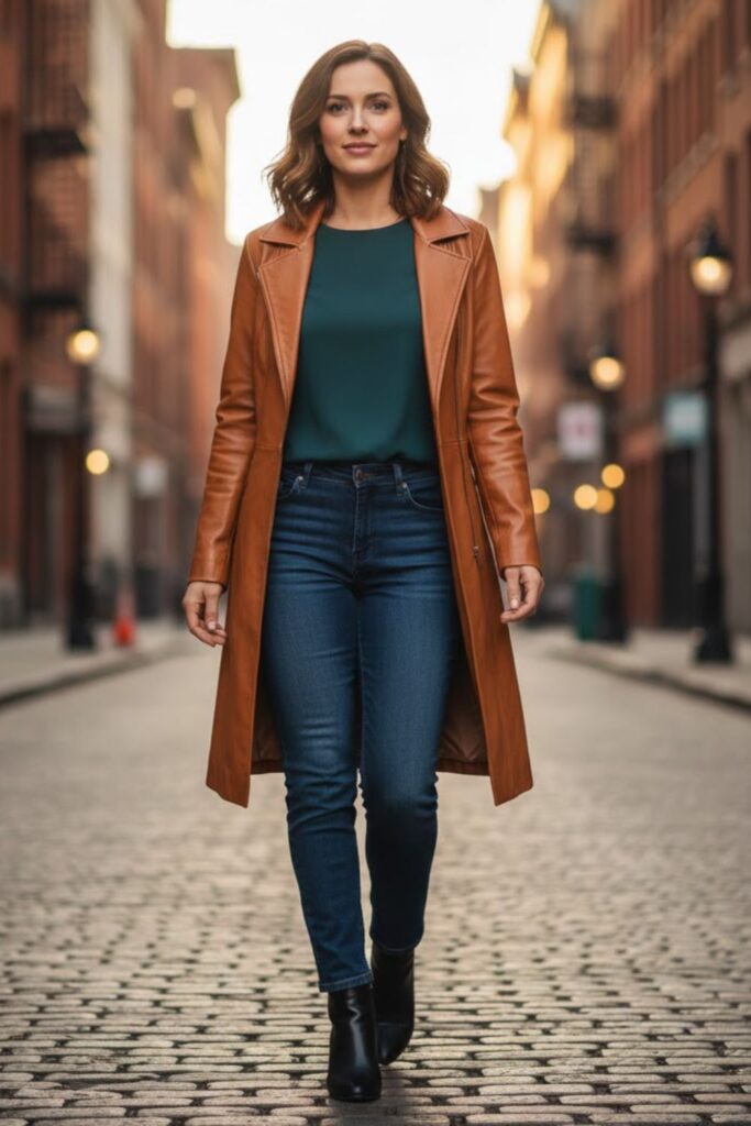 11. Camel Leather Jacket Outfit with Dark Wash Jeans