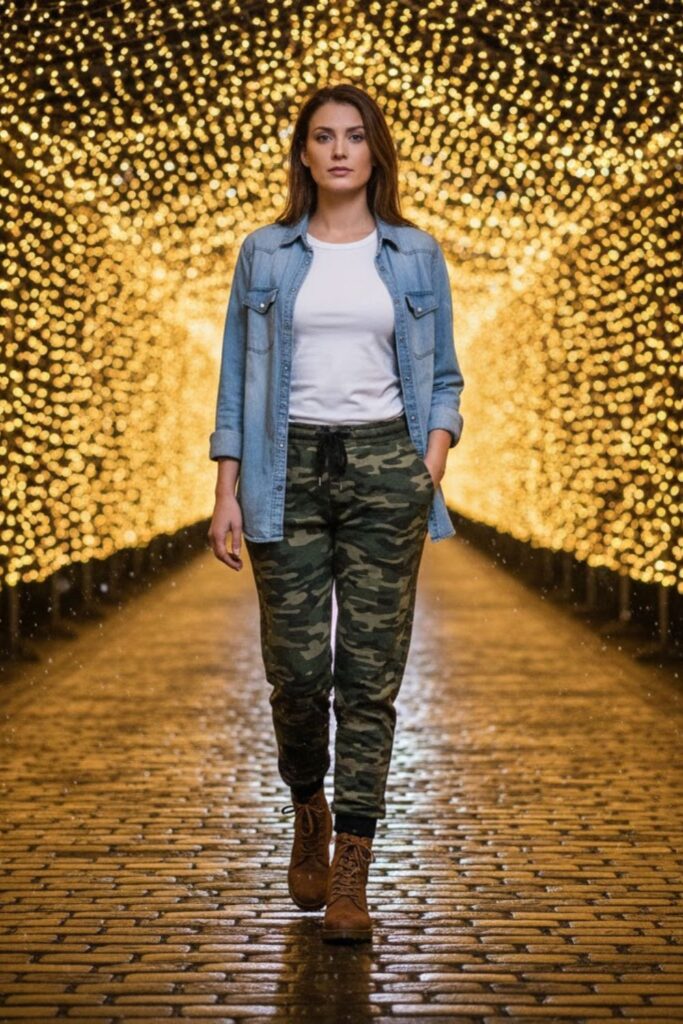 11. Camo Sweatpants with Denim Shirt and Boots