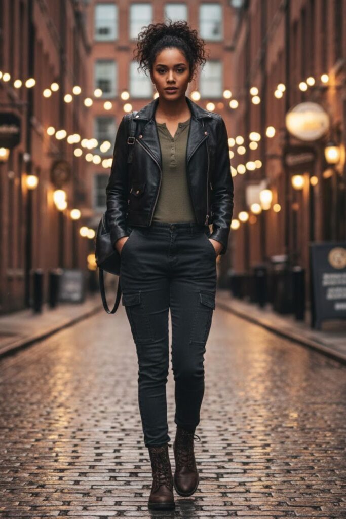 11. Cropped Leather Jacket with Cargo Pants