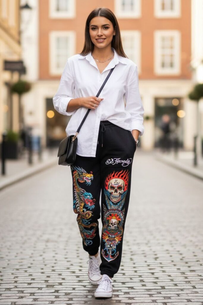 11. Ed Hardy Sweatpants with White Button-Up