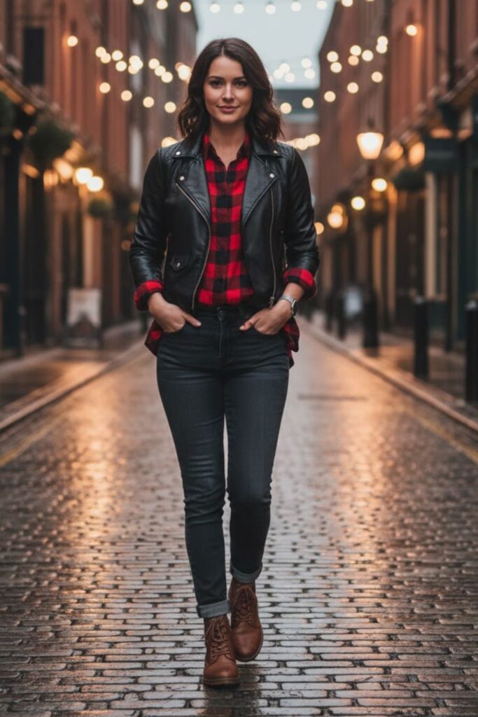 11. Faux Leather Jacket with Plaid Shirt and Dark Denim