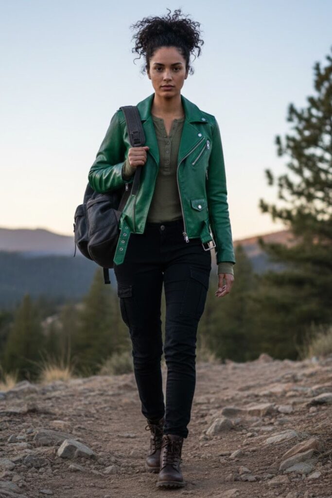 11. Green Leather Jacket with Henley Shirt and Cargo Pants