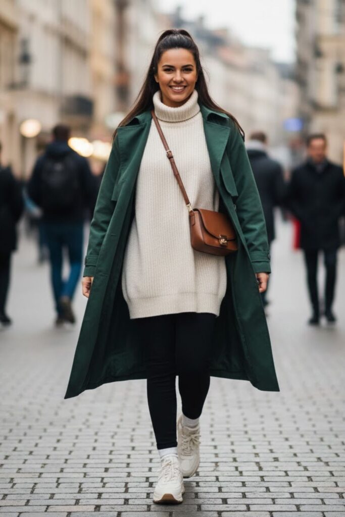 11. Green Trench Coat Over Oversized Sweater and Leggings