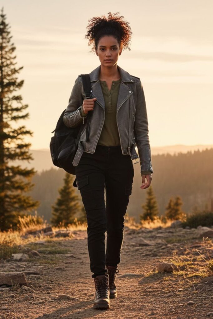 11. Grey Leather Jacket with Henley Shirt and Cargo Pants