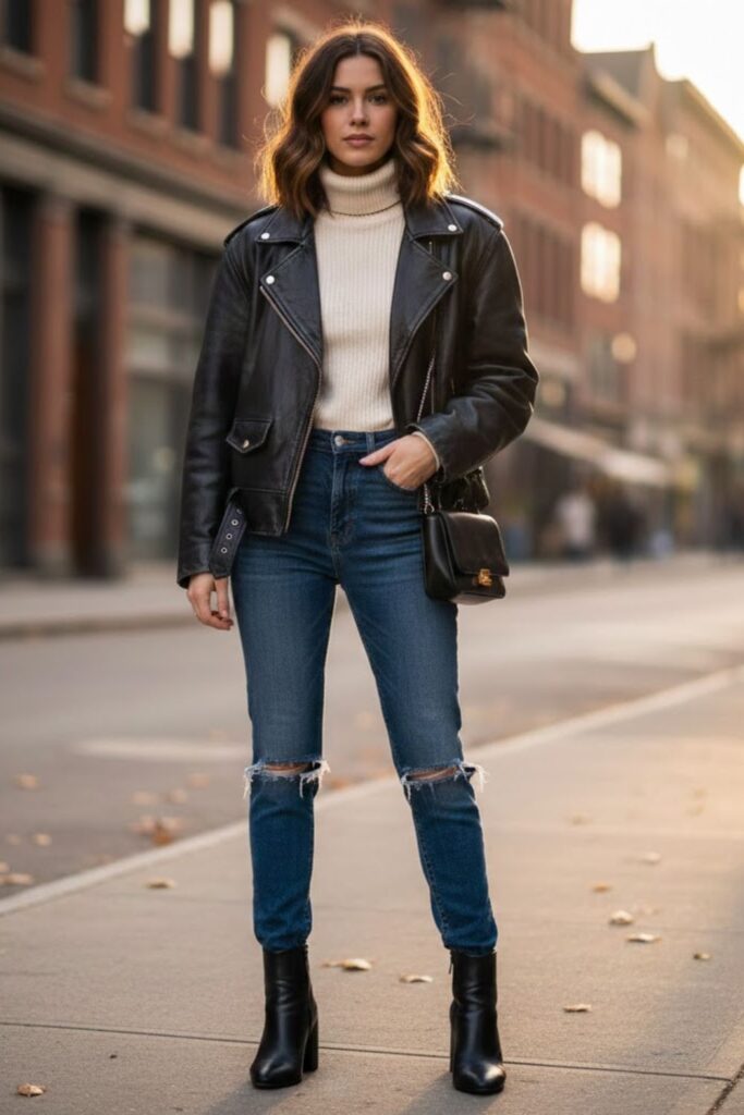 11. Leather Jacket and Turtleneck Combo