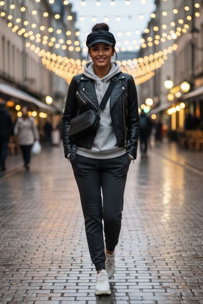 11. Leather Jacket with Jogger Jeans and Hoodie