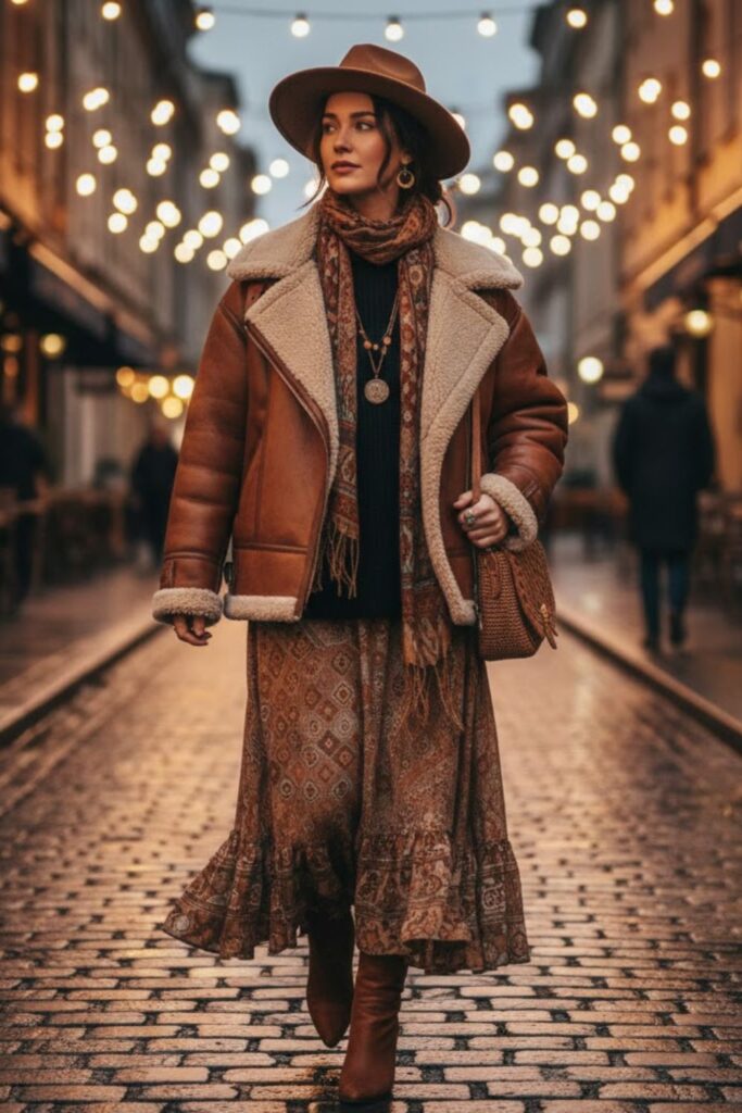 11. Leather Jacket with Maxi Skirt and Sweater