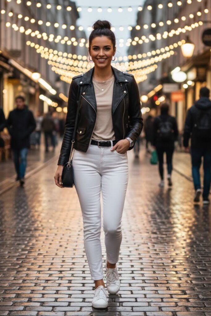 11. Leather Jacket with White Jeans and Basic Tee