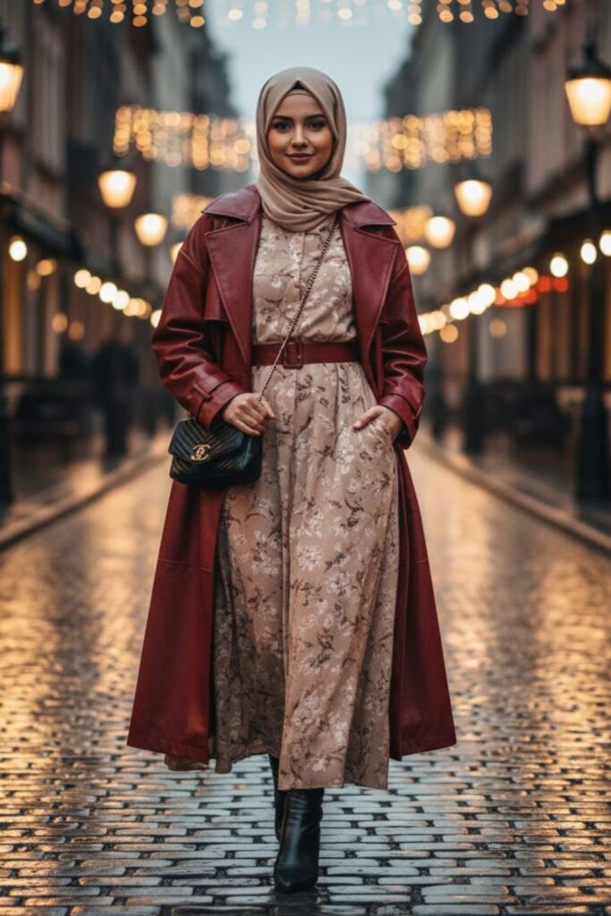 11. Leather Jacket with a Belted Dress