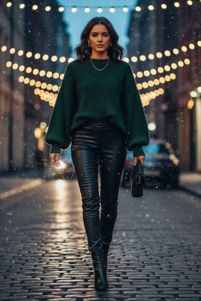 11. Leather Pants Outfit Going Out Winter with Statement Knit Top