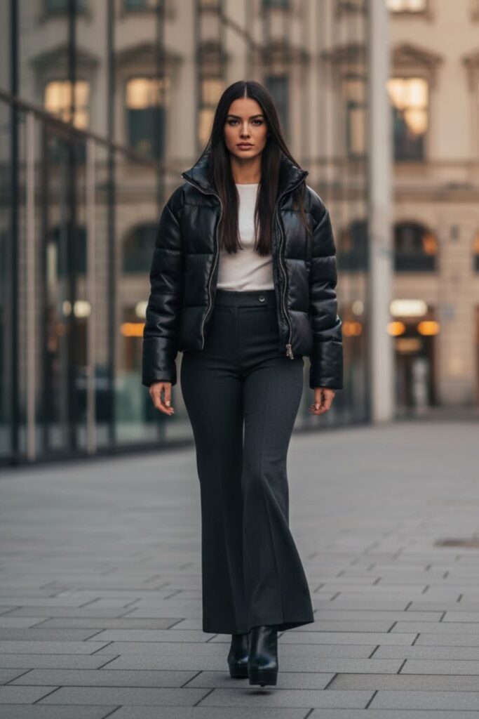 11. Leather Puffer Jacket Outfit with Flared Pants