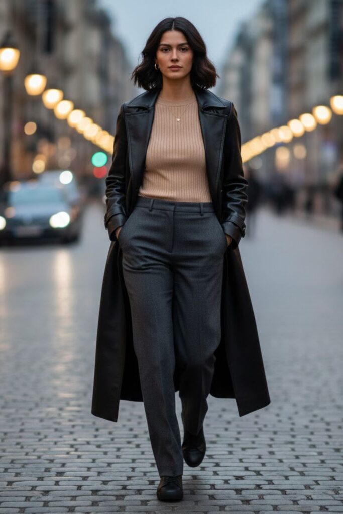 11. Long Leather Jacket with a Ribbed Top and Straight Pants
