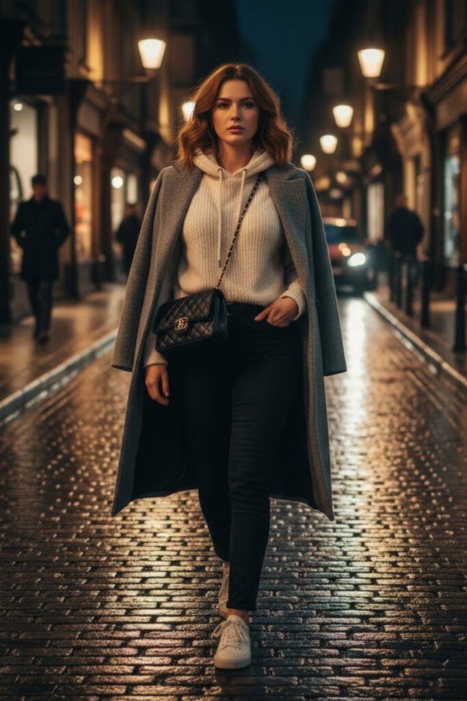 11. Long coat outfit casual with knit hoodie and slim pants