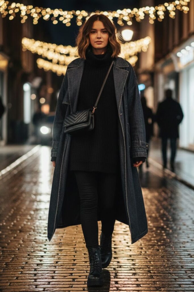 11. Long denim coat outfit with oversized sweater and leggings
