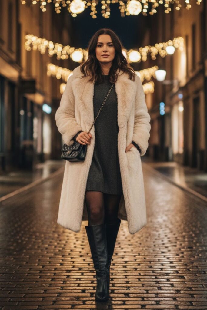 11. Long fluffy coat outfit with casual dress and boots