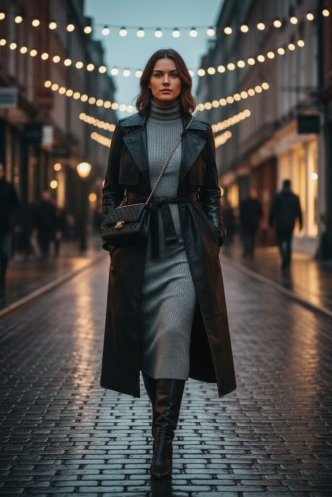 11. Long leather coat outfit with turtleneck dress