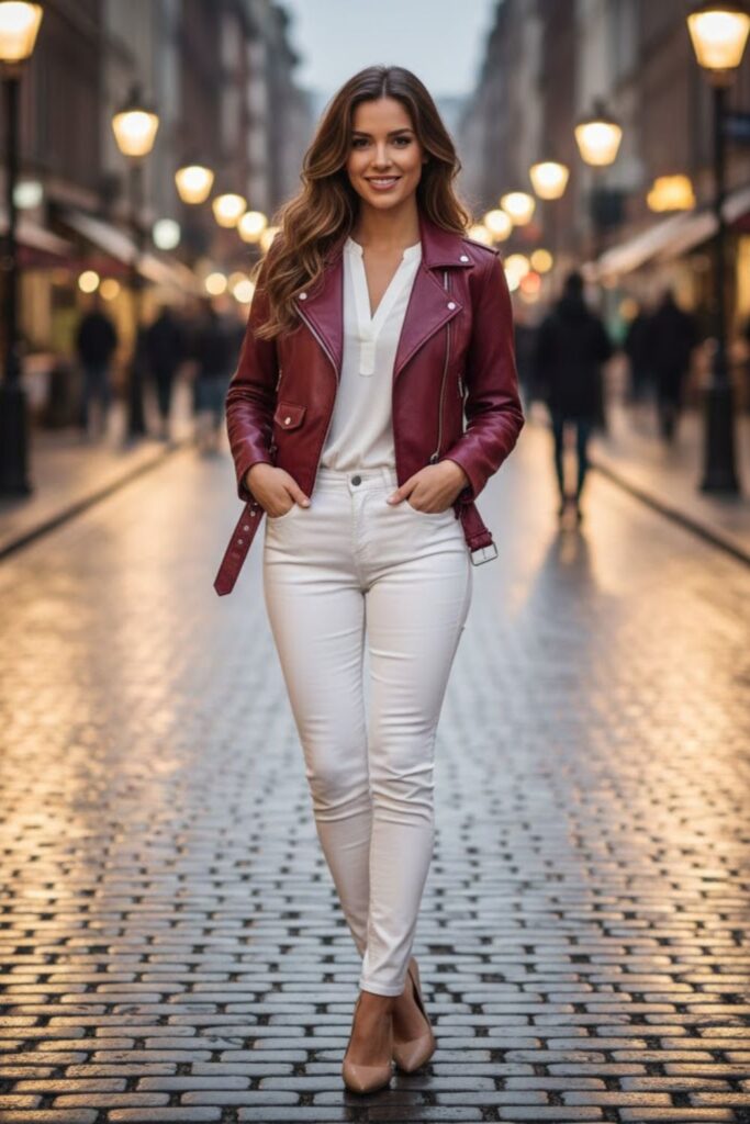 11. Maroon Leather Jacket with White Jeans