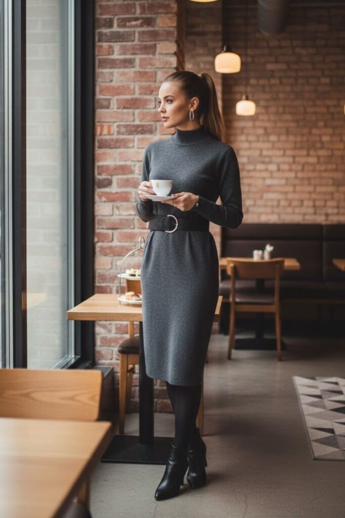 11. Mock Neck Dress With Leather Belt