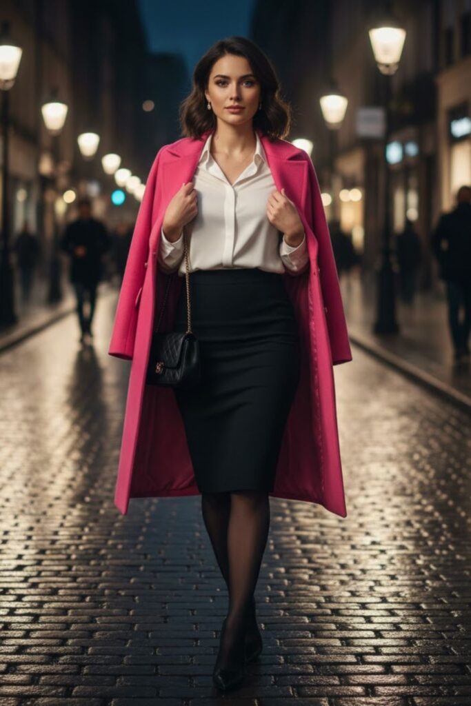 11. Pink long coat outfit with white blouse and pencil skirt