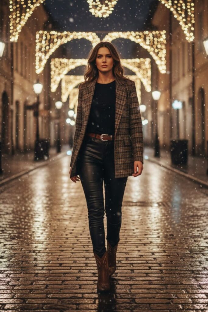 11. Plaid Blazer, Black Tee, and Leather Pants