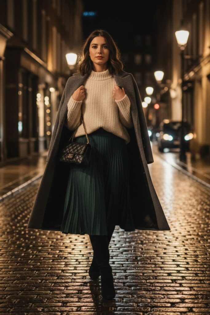 11. Sweater With Pleated Skirt and Boots