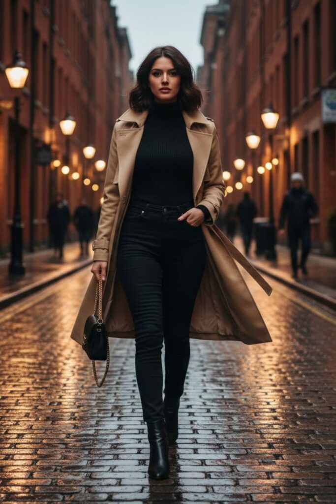11. Tan Trench Coat with All-Black Outfit