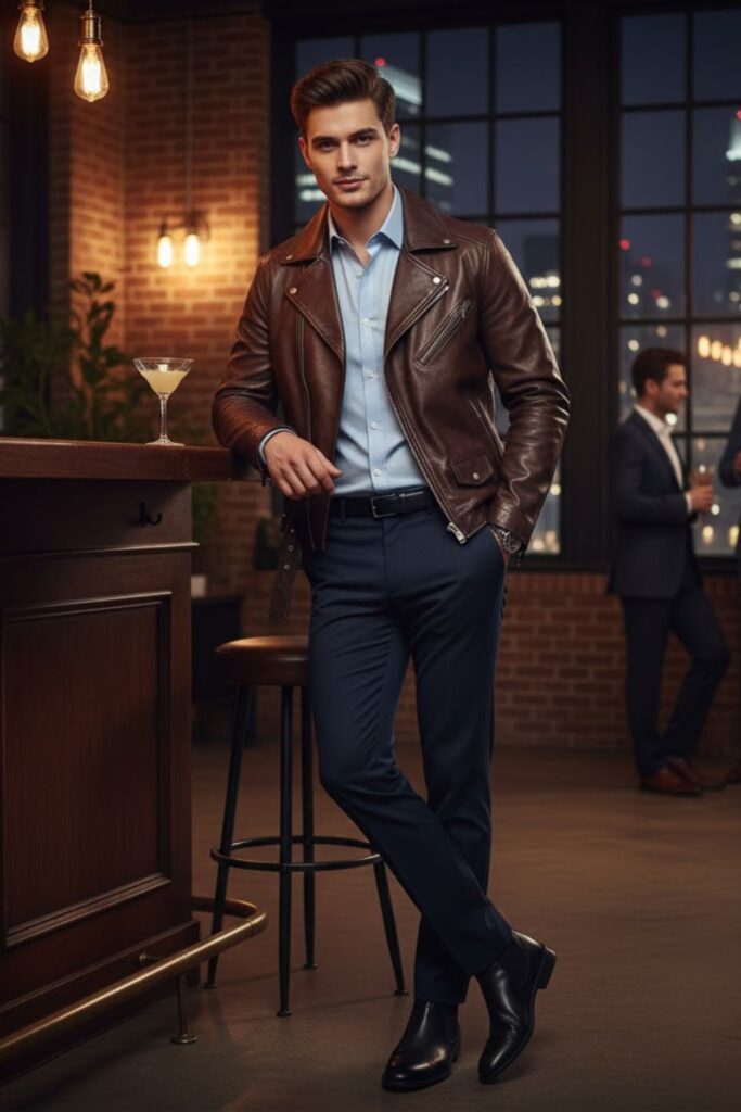 11. Vintage Leather Jacket with Dress Shirt and Chelsea Boots