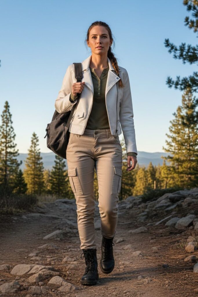 11. White Leather Jacket with Henley Shirt and Cargo Pants