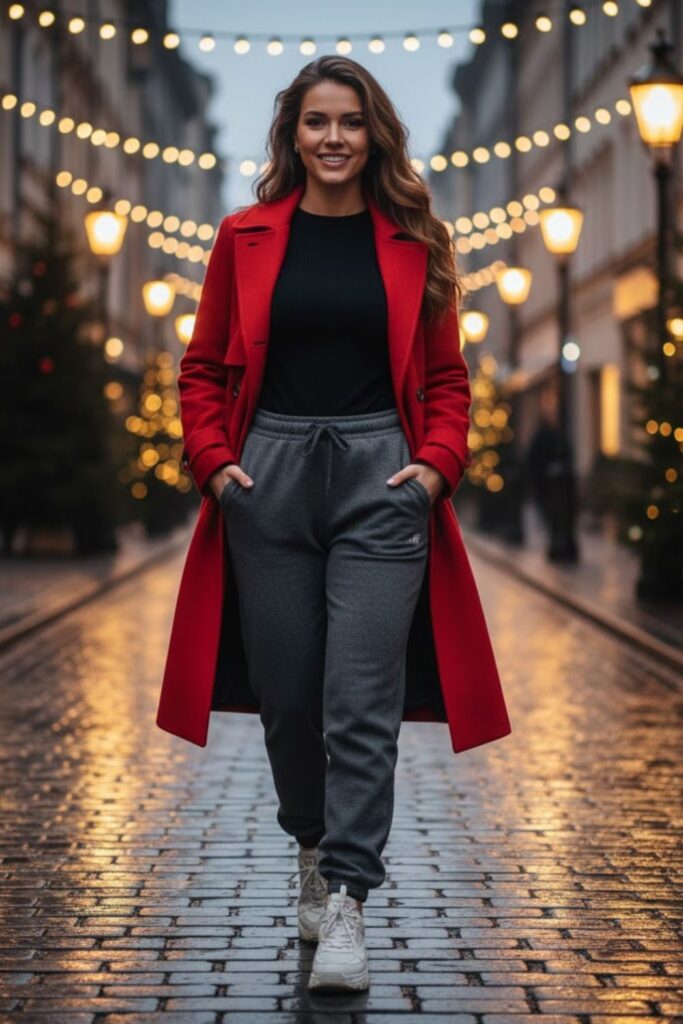 11. Winter Trench Coat with Joggers and a Fitted Top