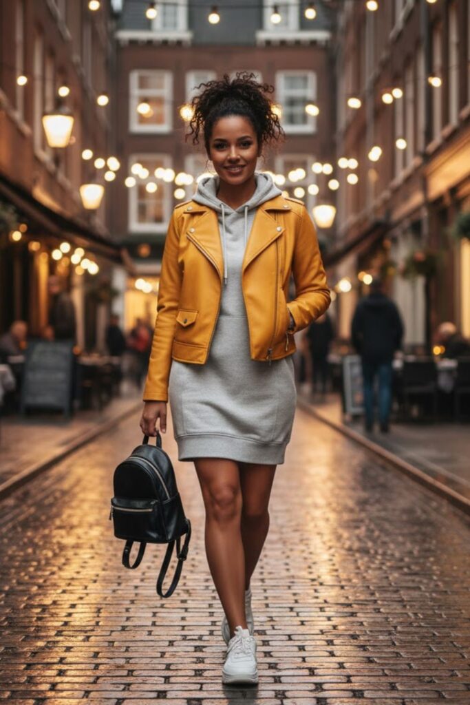 11. Yellow Leather Jacket with Hoodie Dress and Sneakers