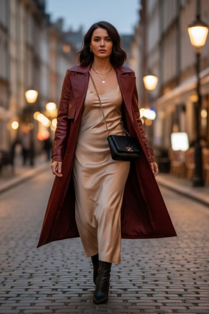 11. Zara Leather Jacket with a Slip Dress