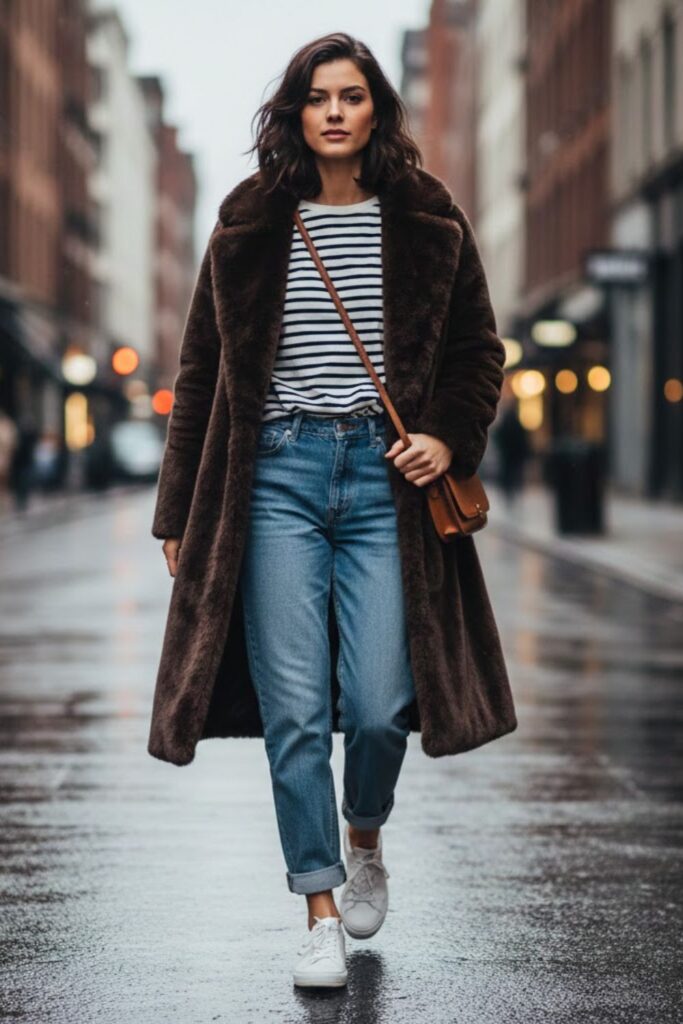 11. long fur coat outfit with striped tee and relaxed jeans