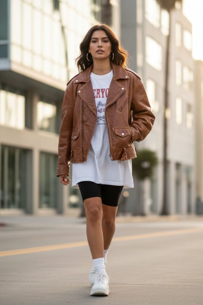 12. 90s Leather Jacket Outfit with Biker Shorts