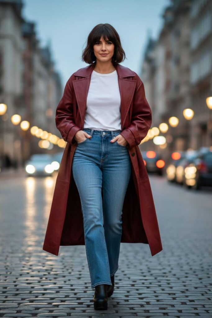 12. Baggy Leather Jacket with Flared Pants and Simple Tee