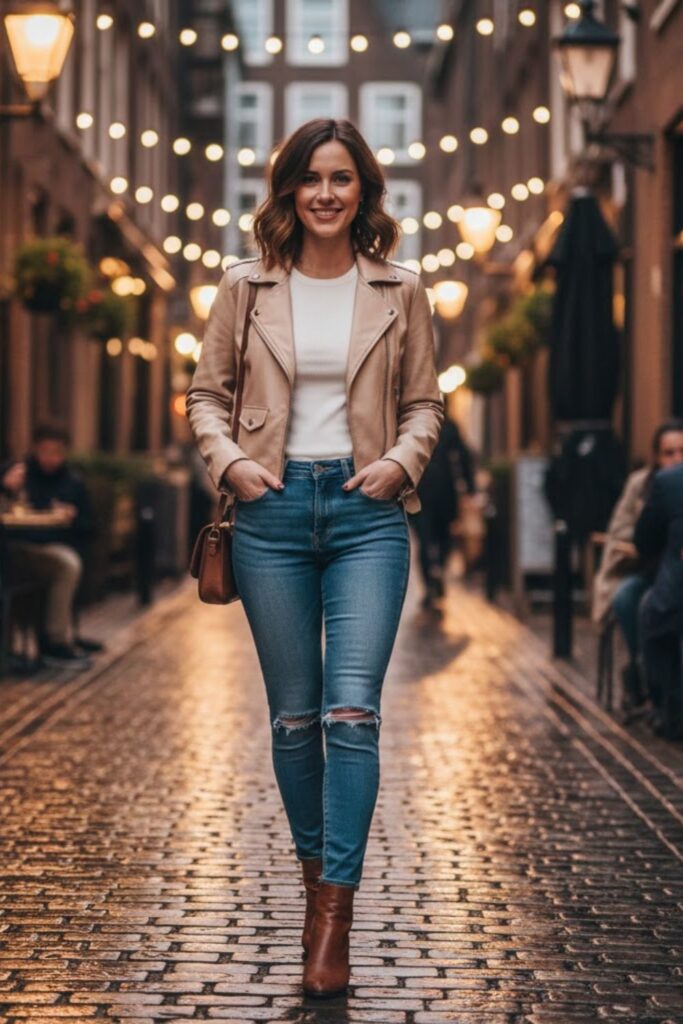 12. Beige Leather Jacket with Distressed Jeans