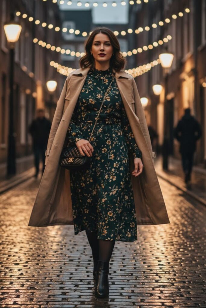 12. Beige Trench Coat Paired With a Printed Dress