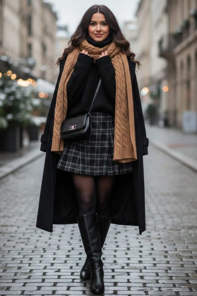 12. Black Knit Sweater with Black Plaid Skirt