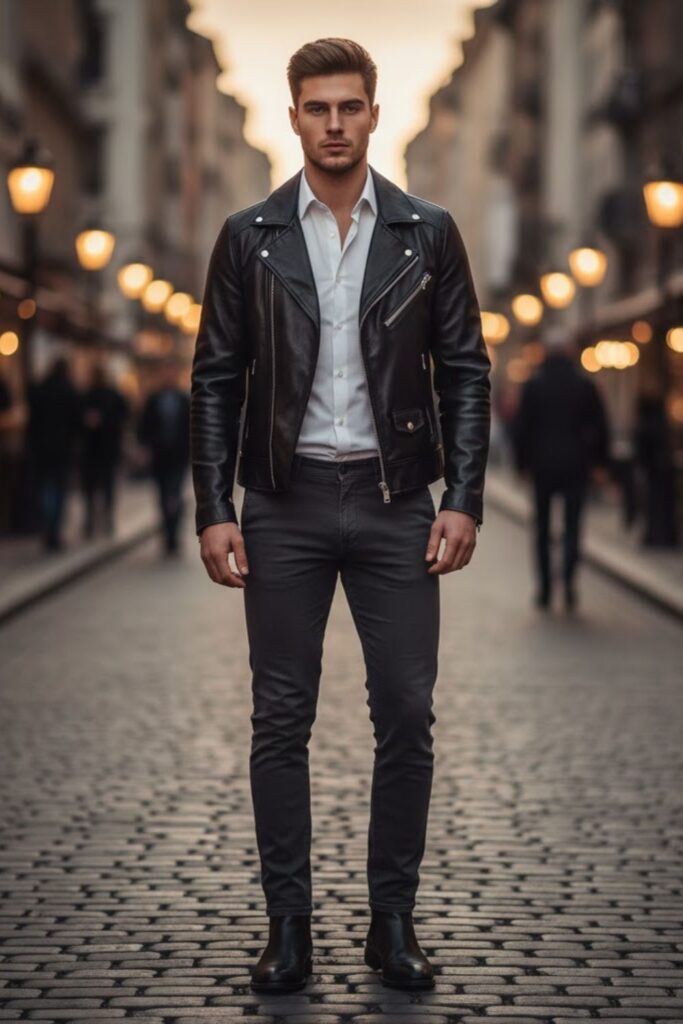 12. Black Leather Jacket Outfit Men with Button-Down Shirt