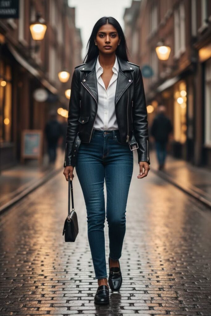 12. Black Leather Jacket Over a Button-Up Shirt