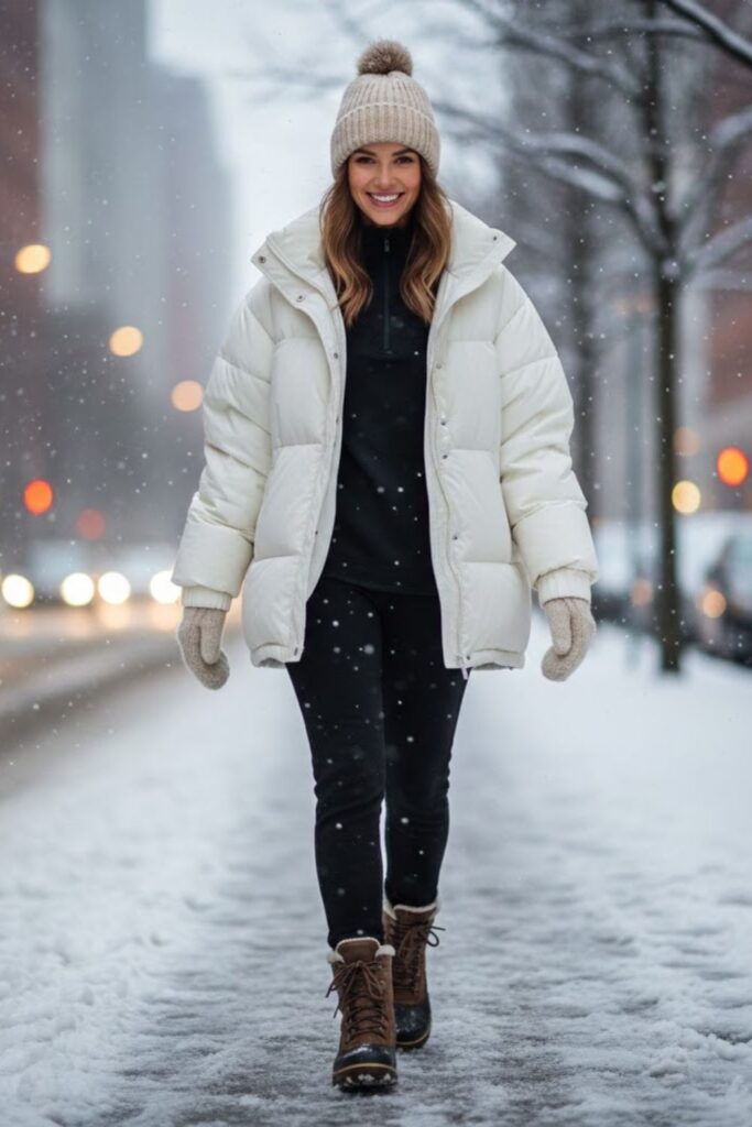 12. Black Leggings with Snow Boots and Puffer Jacket