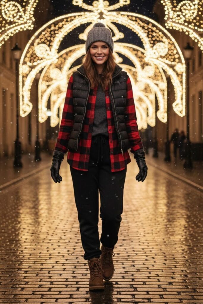 12. Black Sweatpants with Flannel Shirt and Vest