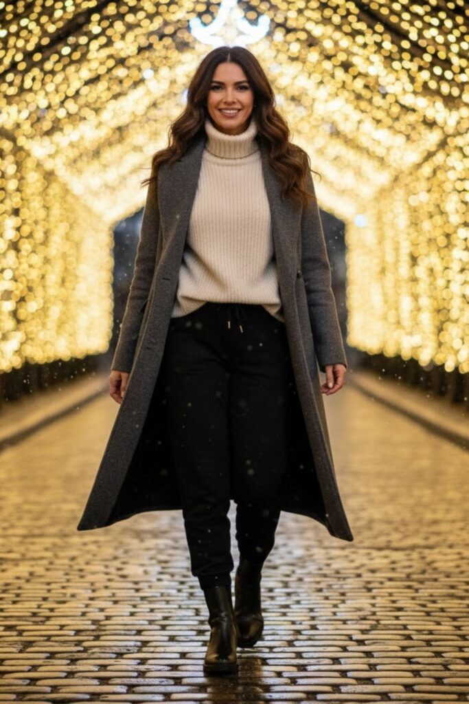 12. Black Sweatpants with Turtleneck and Coat