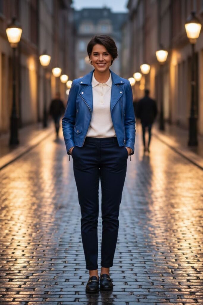 12. Blue Leather Jacket Outfit with Knit Polo Shirt