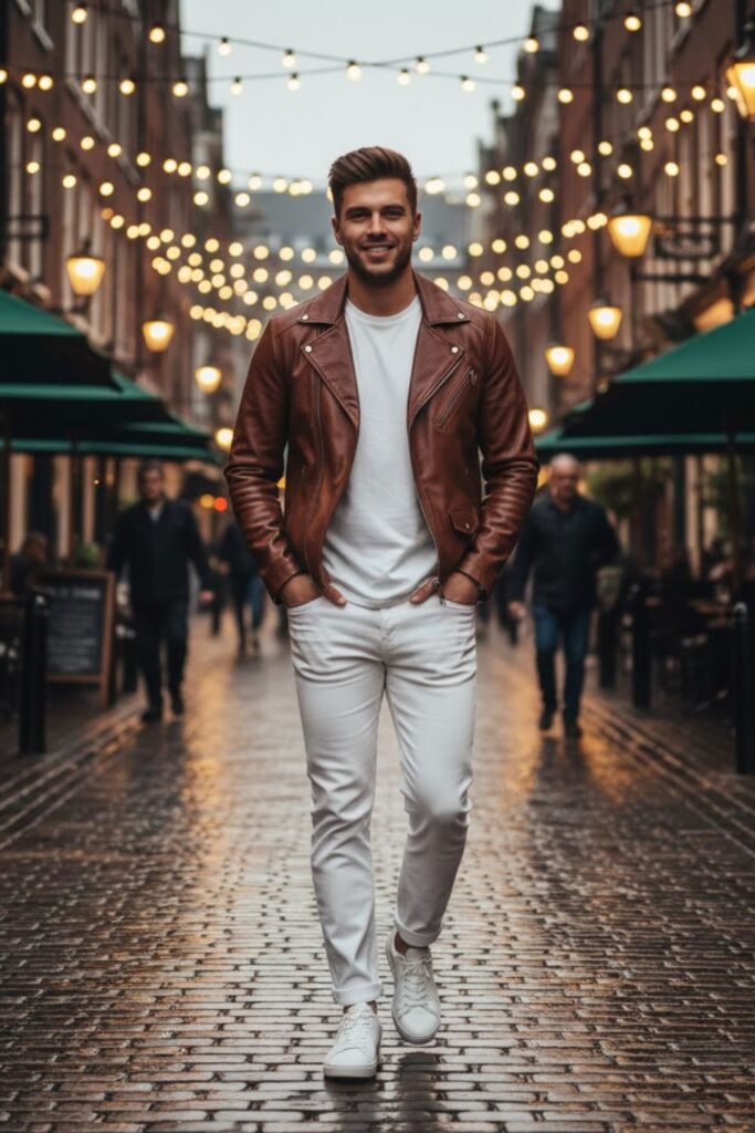 12. Brown Leather Jacket with White Jeans